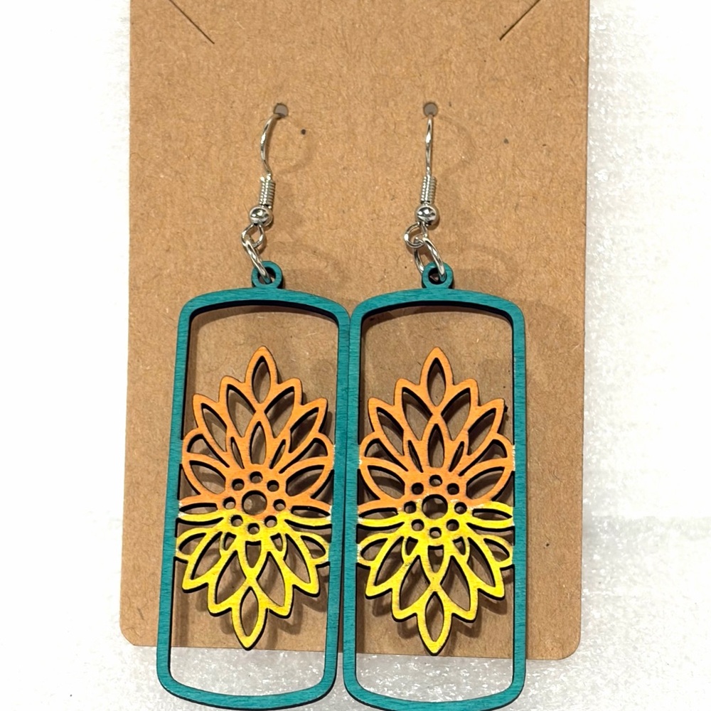 Colorful Floral Drop Wood Earrings. Hand Crafted